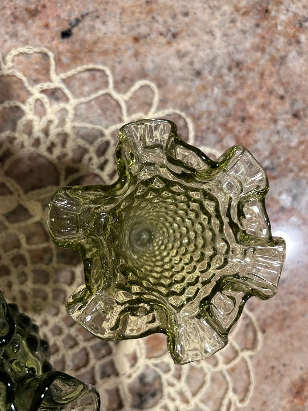 Fenton Forest Green Raised Hobnail Glass Vase Set (3) Flawless pieces. 4”&4.50”